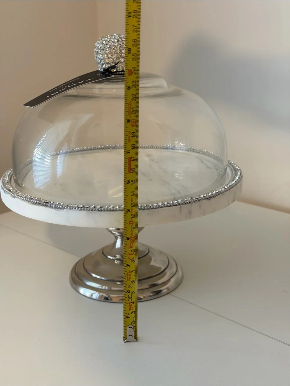 Tahari Home Glass Cheese Dome Cake Stand Marble Rhinestone Pedestal Server 10.5”